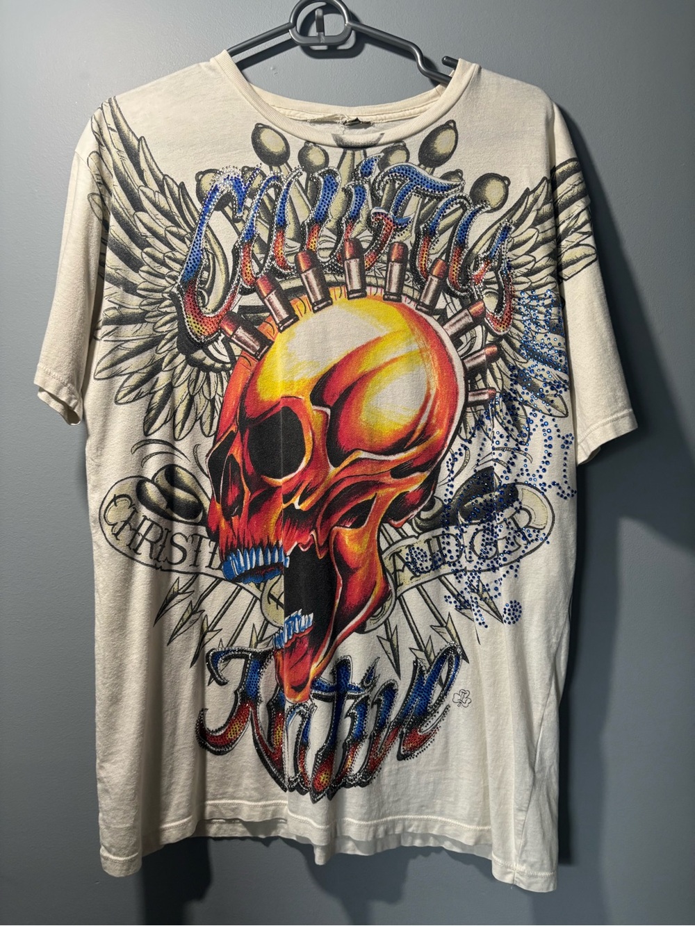 Vintage Christian Audigier skull punk Y2K rhinestone graphic shirt